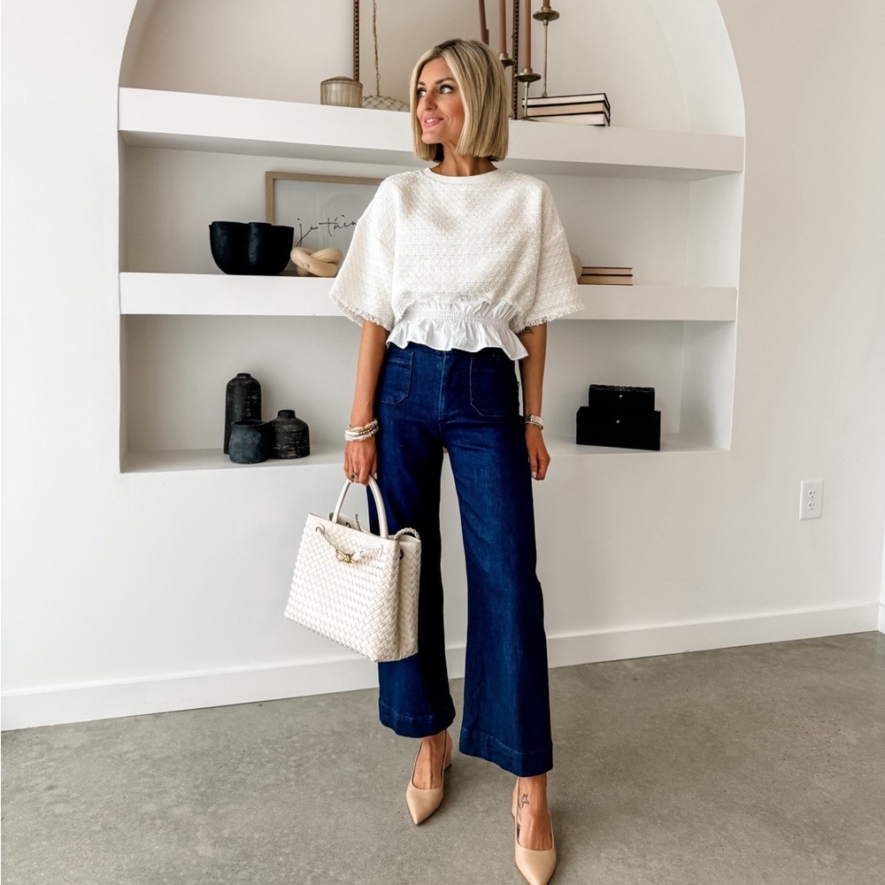 Maeve White Textured Peplum Short-Sleeve Top